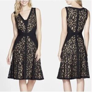 Tadashi Shoji Black Nude Lace Overlay Jersey Fit & Flare Pintuck Dress Size 4